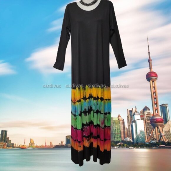 Colourful Tie Dye Dress Black Maxi Long Sleeve Maxi Dress - One Size- NEW ! - Picture 2 of 8